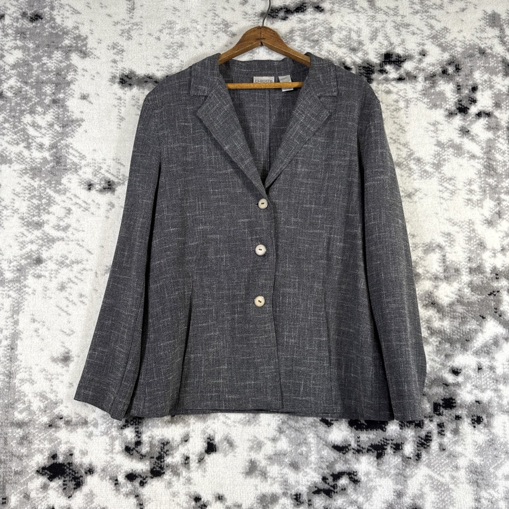 Chicos Jacket Womens Size 1 Gray 3 Button Office Career Stretch Heathered